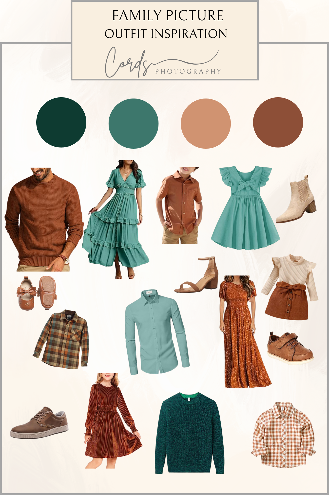 Family photo outfit color palette featuring teal, brown, and beige coordinated clothing pieces for portrait sessions.