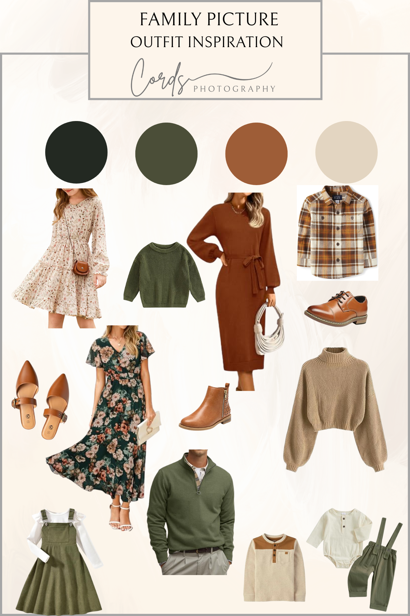 Fall family photo outfit inspiration board featuring earth tones, plaid, florals and coordinating casual clothing pieces.
