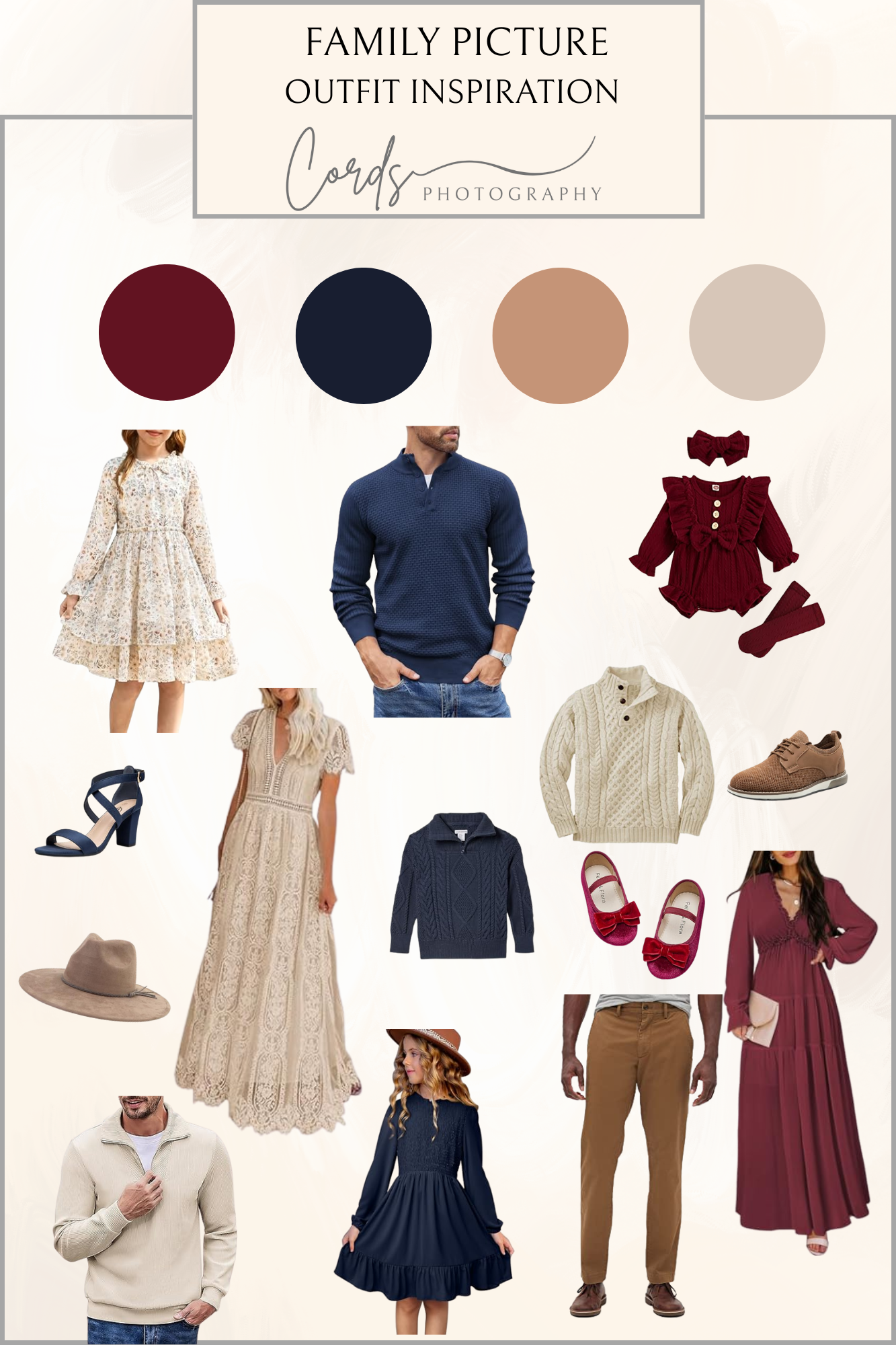 Fall family photo outfit inspiration board featuring burgundy, navy and neutral tones with coordinating clothing pieces.