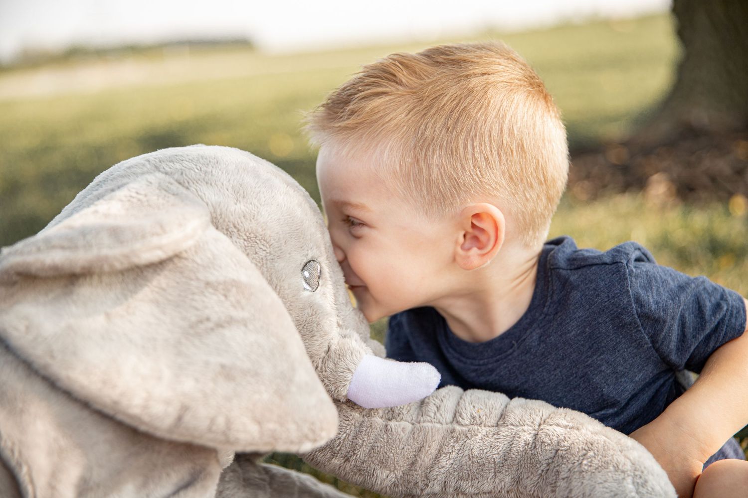 Child nose-to-nose with stuffed elephant toy outdoors in natural lighting.