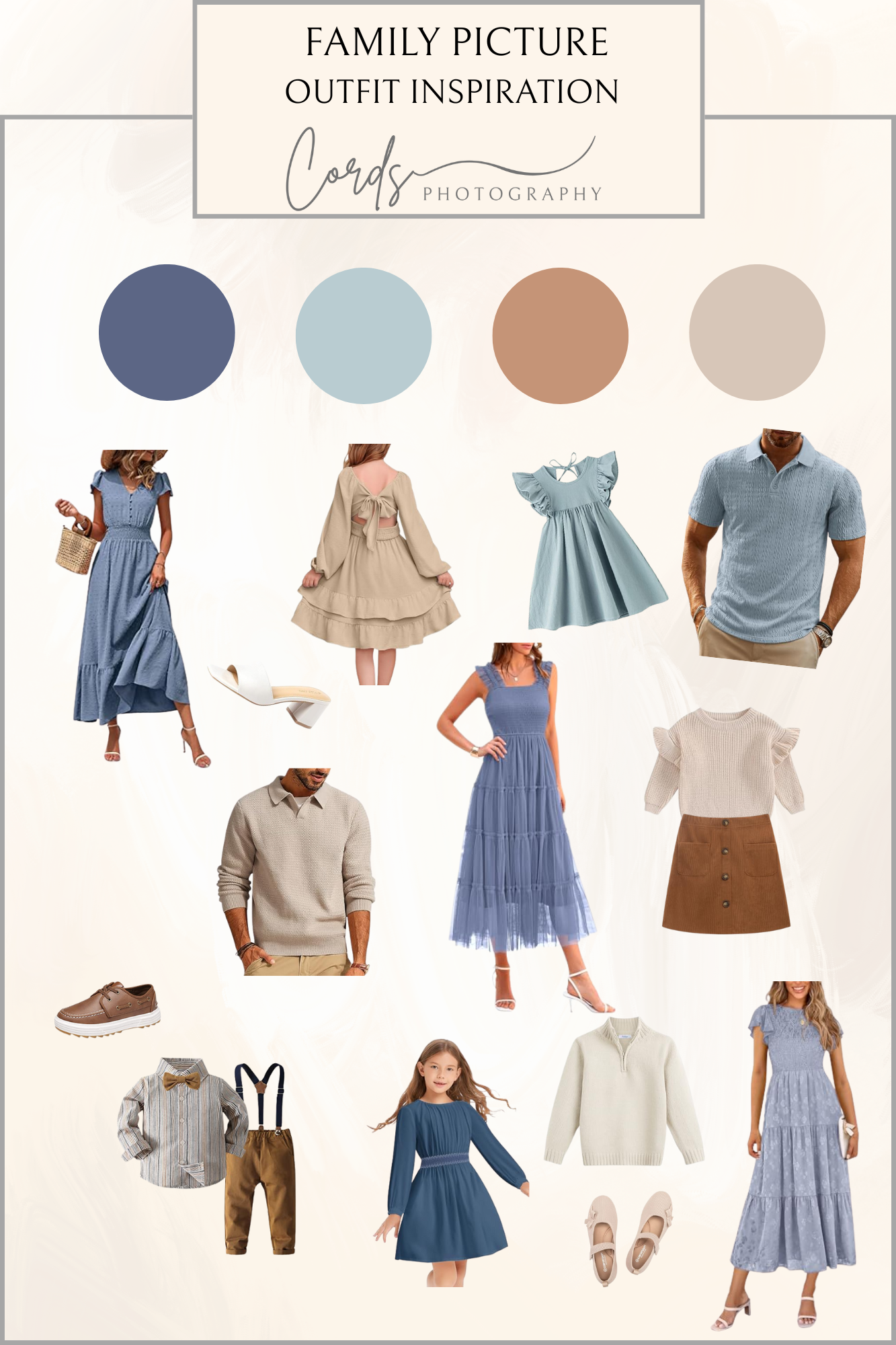 Family photo outfit inspiration board showing coordinated blue and beige clothing options with a muted color palette.