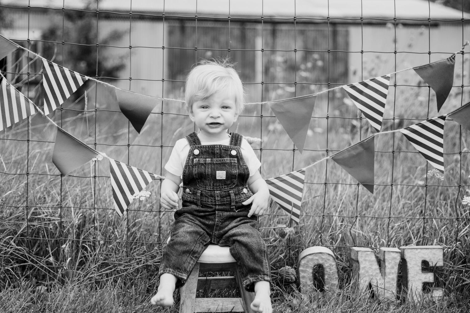 Baby in overalls sitting with American flag bunting decorations.