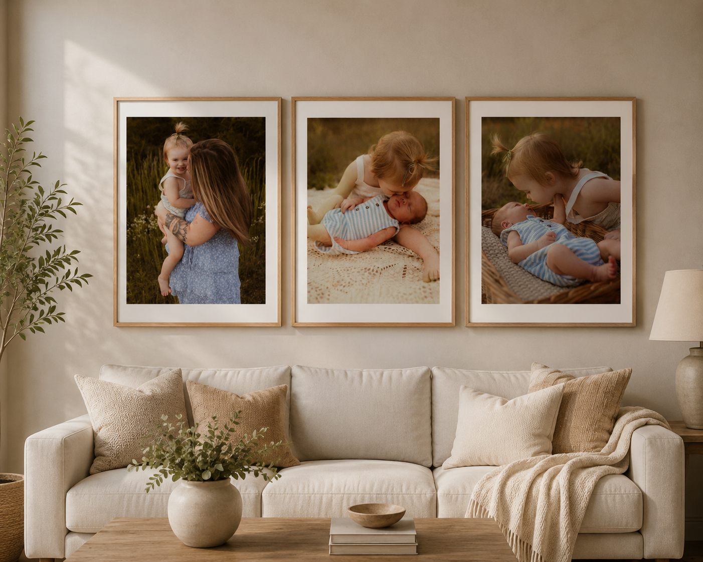 Three framed newborn family photos displayed above a beige sofa, showing a mother and siblings lovingly holding a baby.