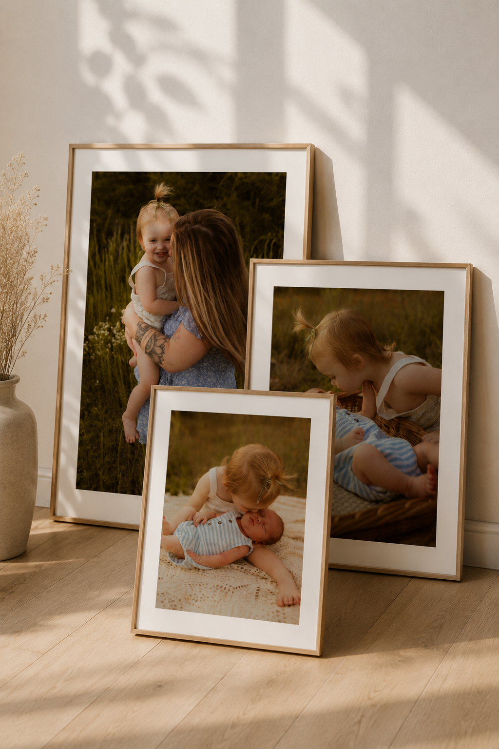 Three gold-framed family photos leaning against a wall, featuring a mother with baby, siblings bonding, and a newborn portrait.