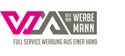 Modern company logo design with VTA text and 'Werbemann' tagline in grey and pink colors for full service advertising.