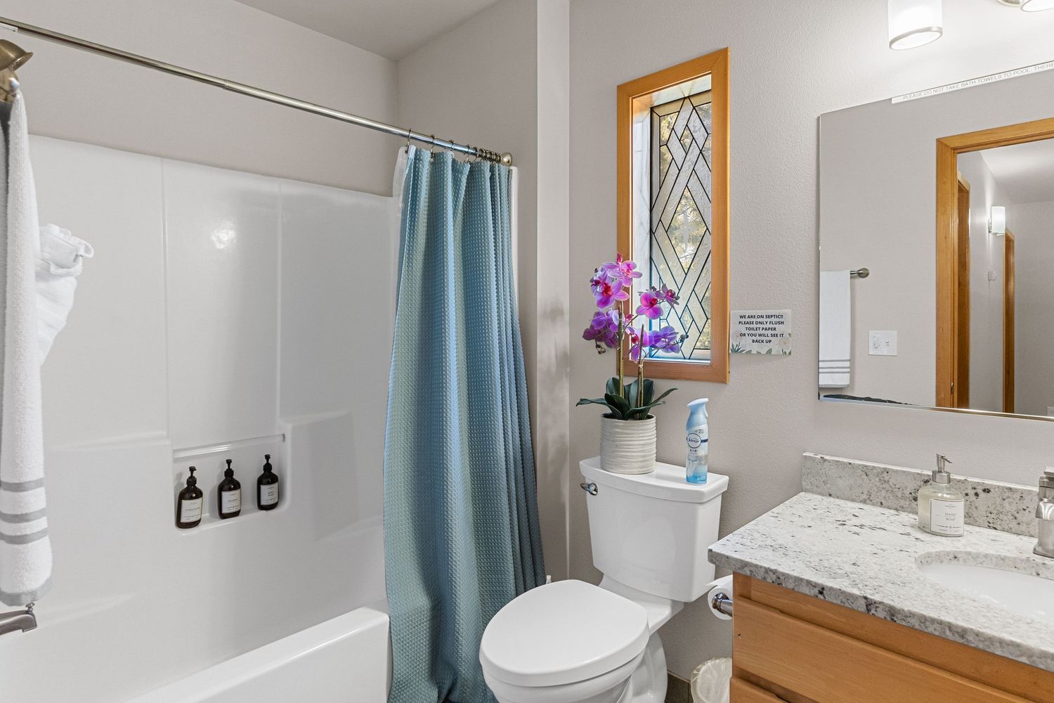Modern bathroom with white fixtures, turquoise shower curtain, and wooden trim details.