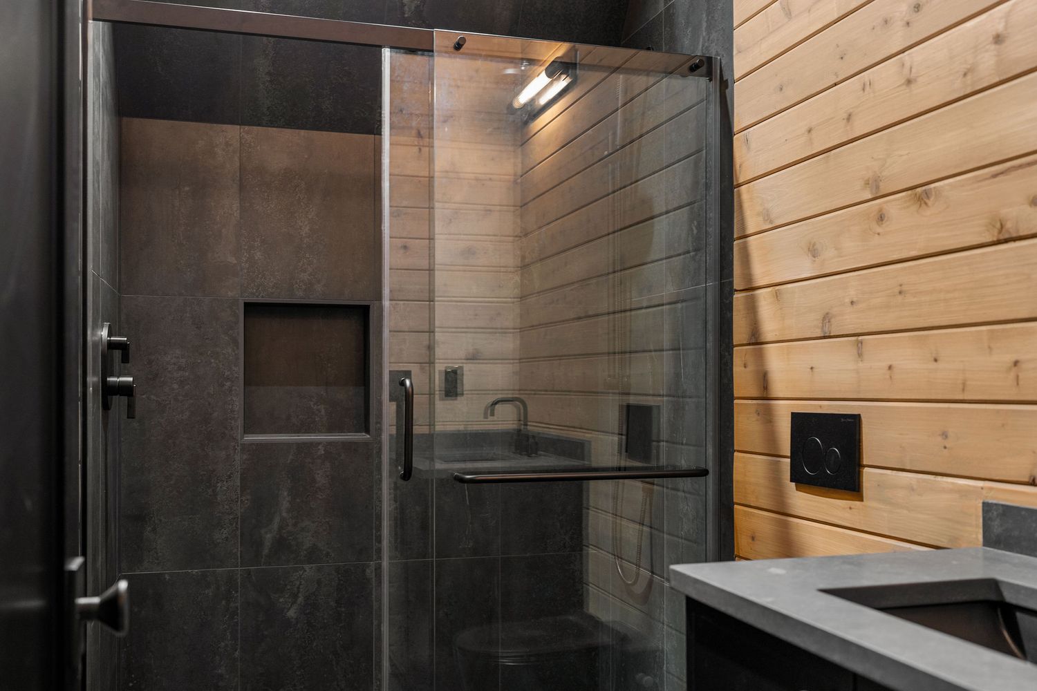 Modern shower door with black frame and frosted glass panels against wood paneled wall.