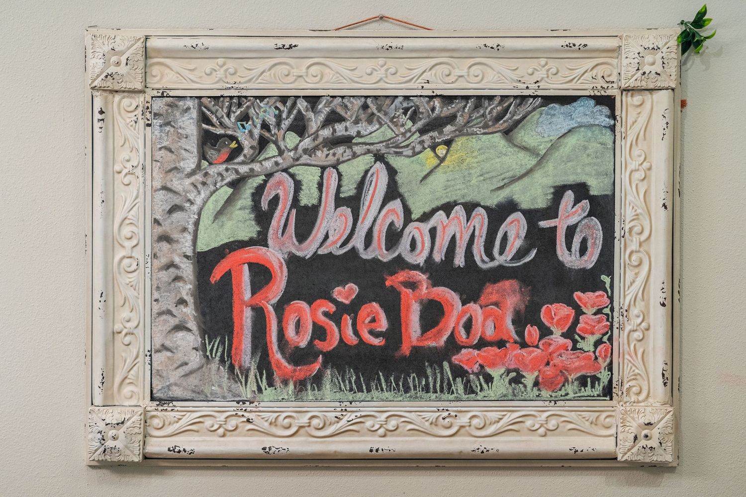 Decorative framed signs mounted on a wall with artistic lettering and designs.