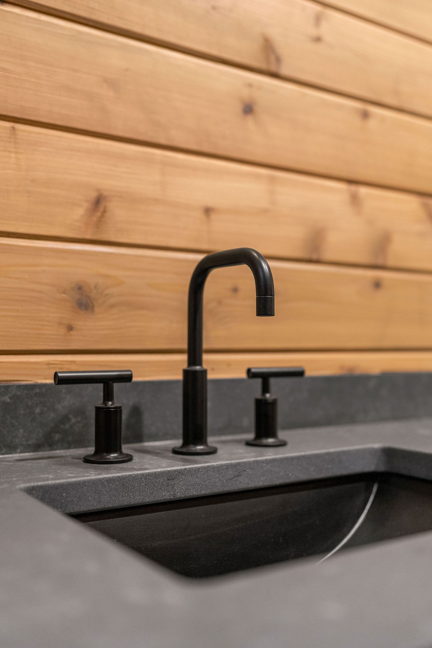 Black bathroom sink faucet with clean lines and three fittings against wood paneled backdrop.