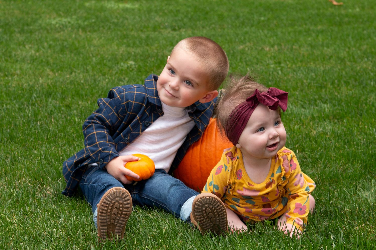 A young boy and baby girl sit together on green grass with a small pumpkin between them in fall.