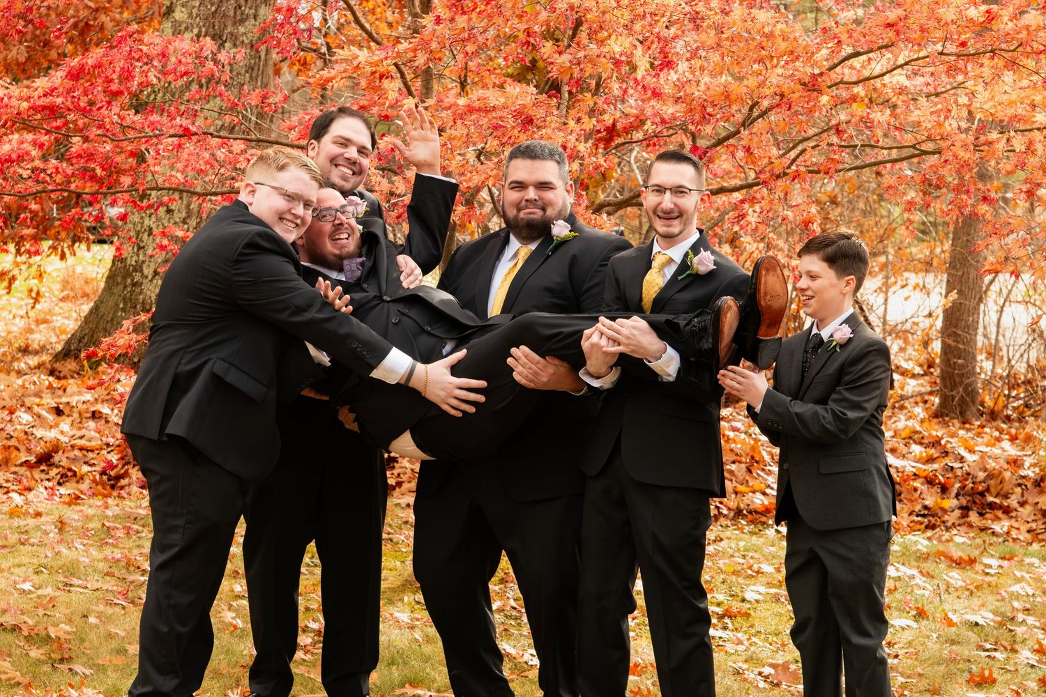 Groomsmen in black suits with gold ties playfully lifting groom during fall outdoor wedding photo.