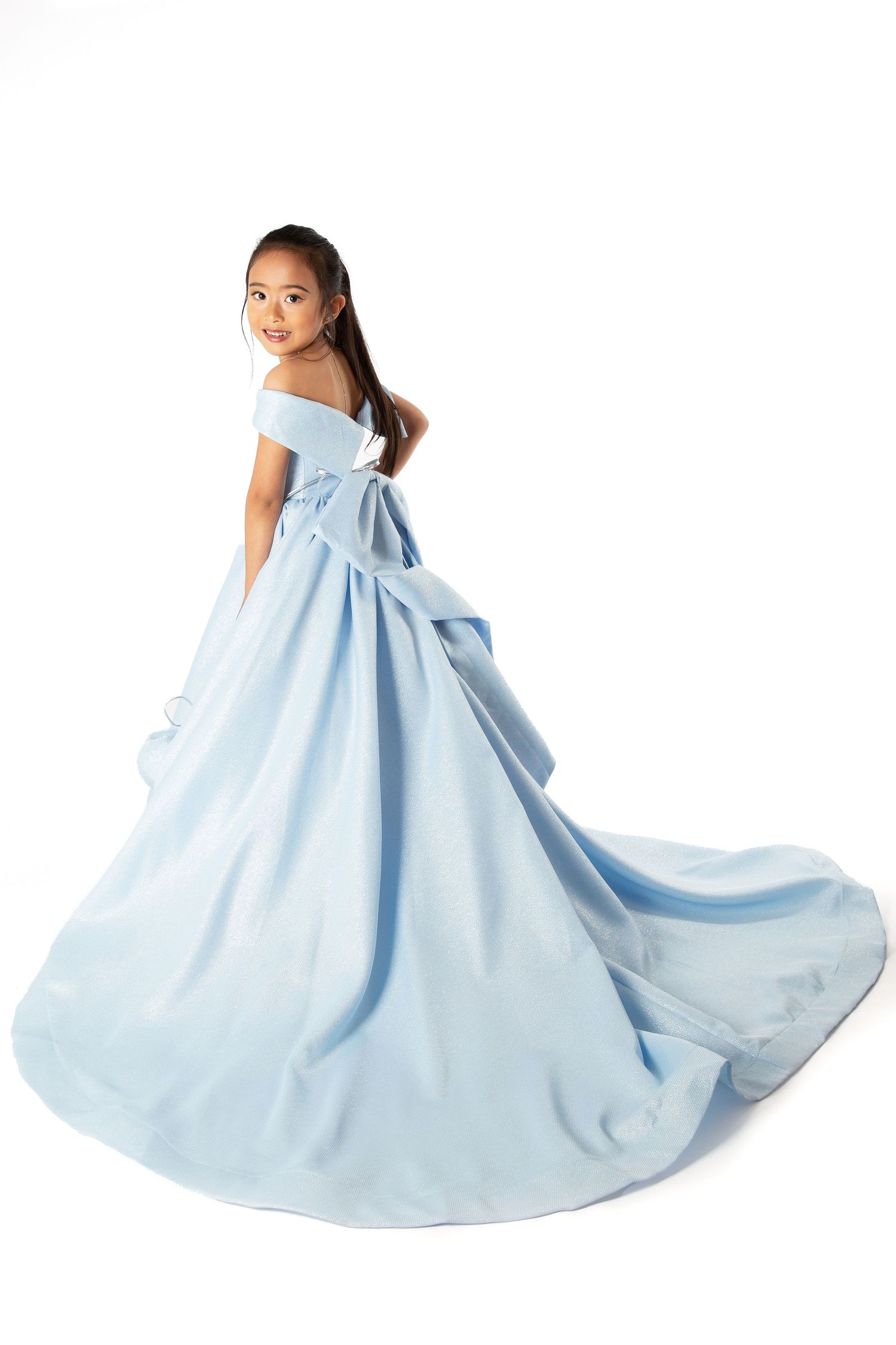 A long light blue satin ball gown with a full skirt and train shown from multiple angles in a composite image.