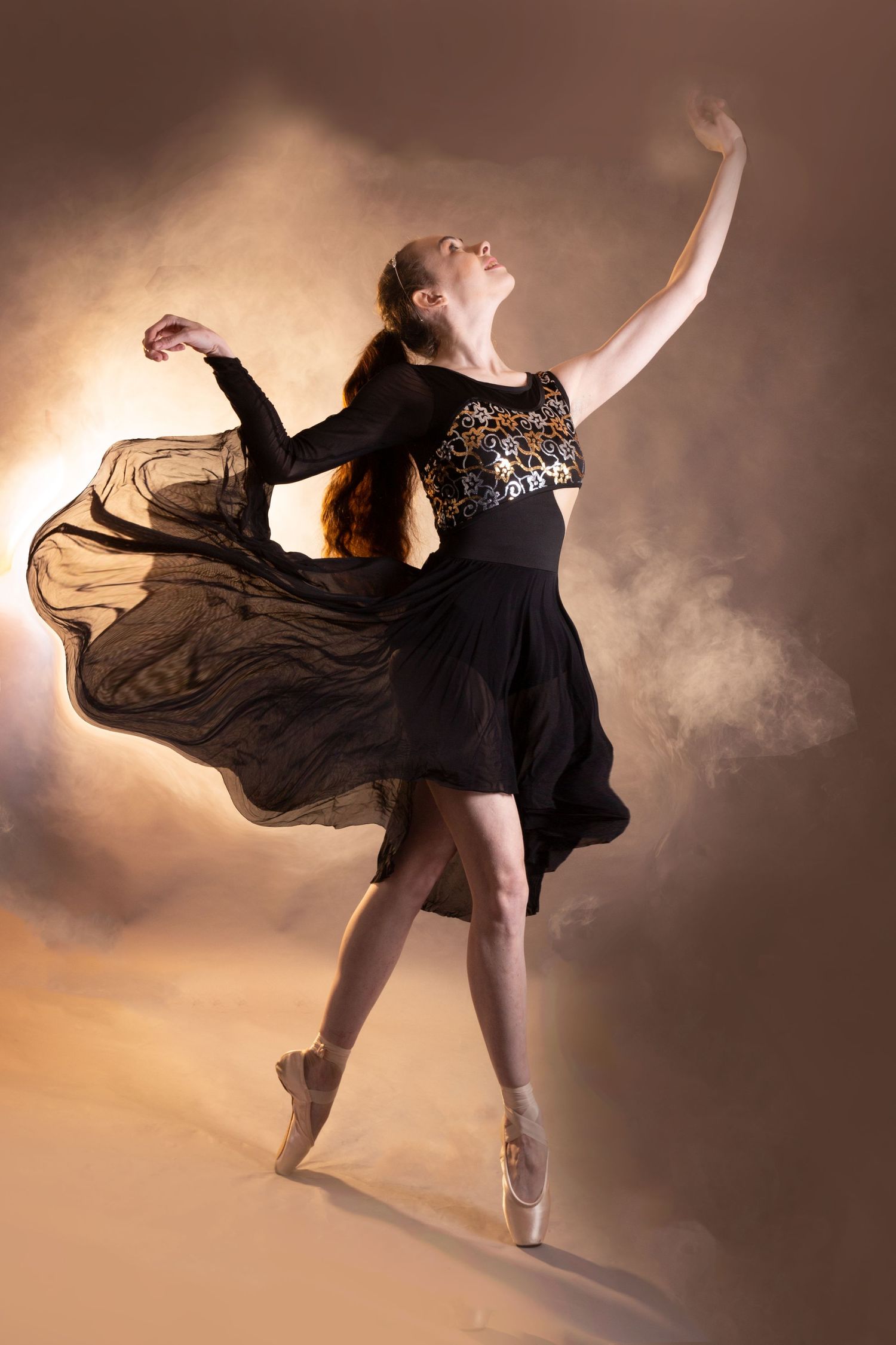A graceful dancer in a black dress performs dynamic movements with flowing fabric against a dramatic sepia sky.