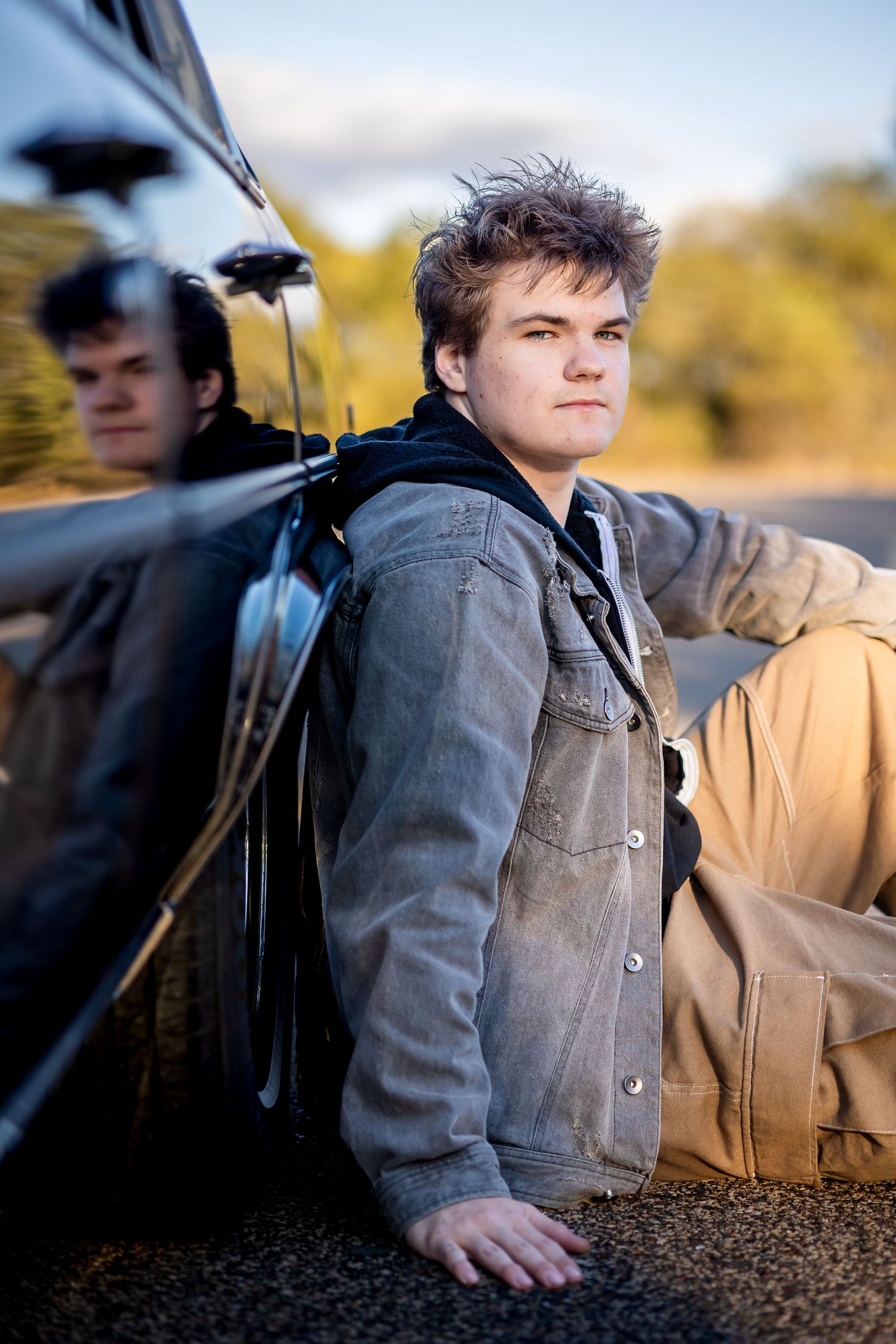 Artistic outdoor portrait sequence showing different angles against a blurred natural background at sunset.