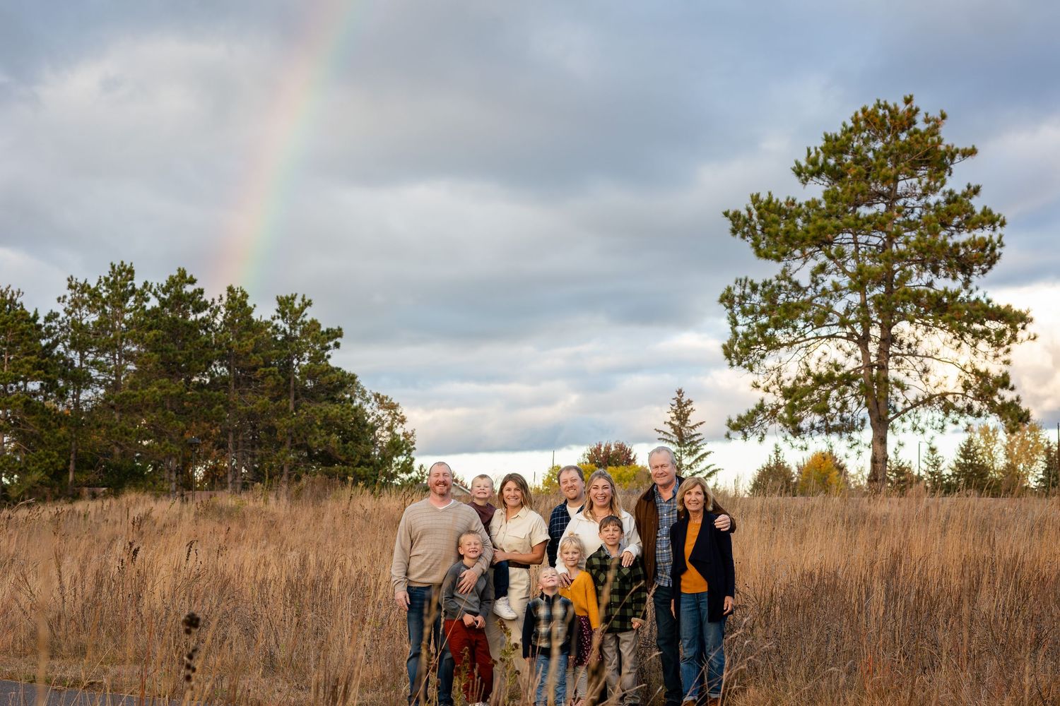 Rainbow appears over pine trees in cloudy autumn sky.