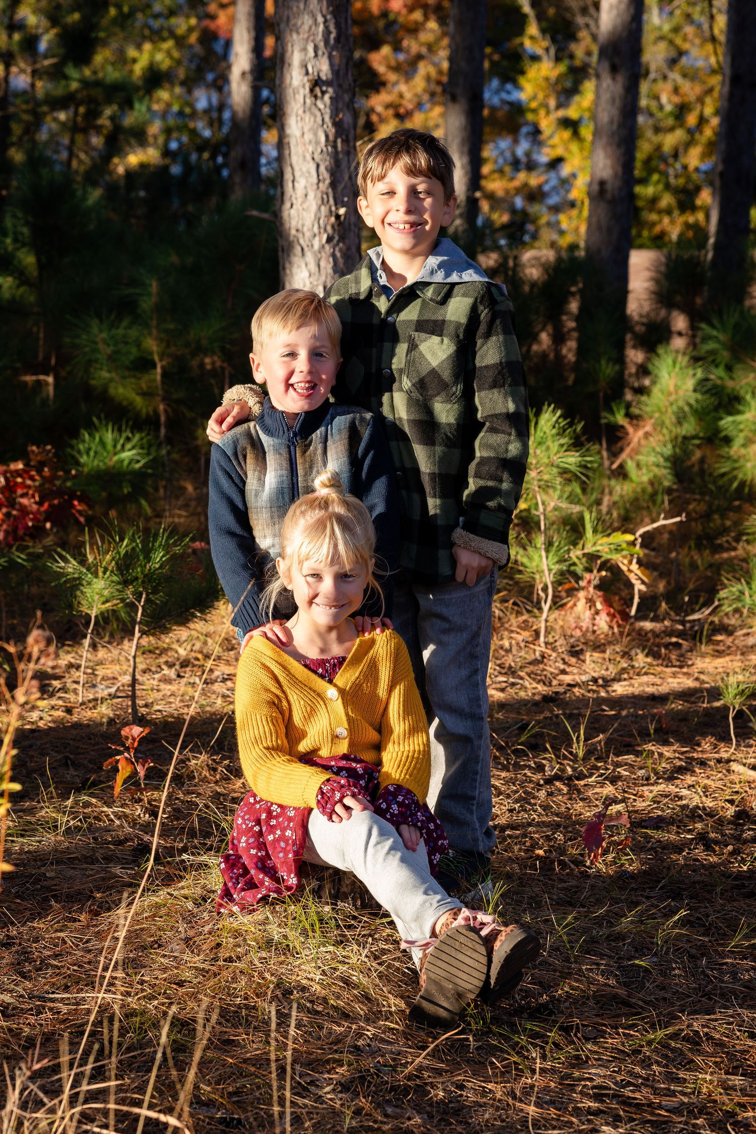 Children sitting together under tall pine trees in autumn forest.