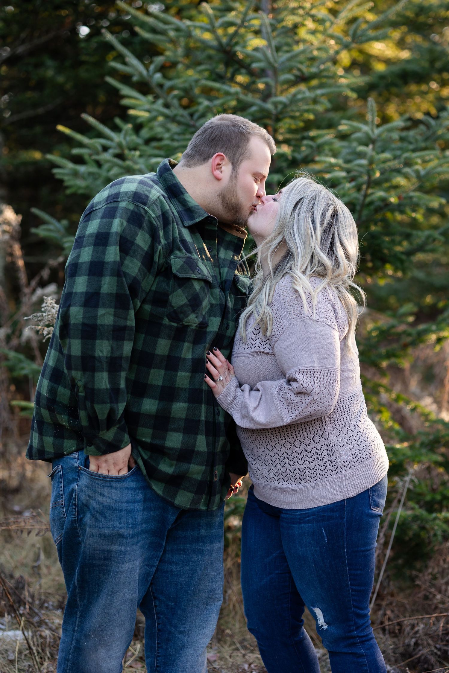 A series of candid moments between a couple wearing green plaid and beige sweater outdoors.