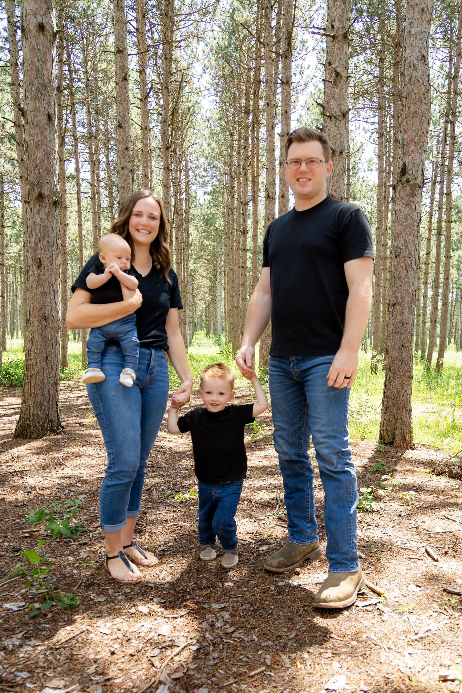 Casual family photos showing playful interactions in natural pine forest setting.