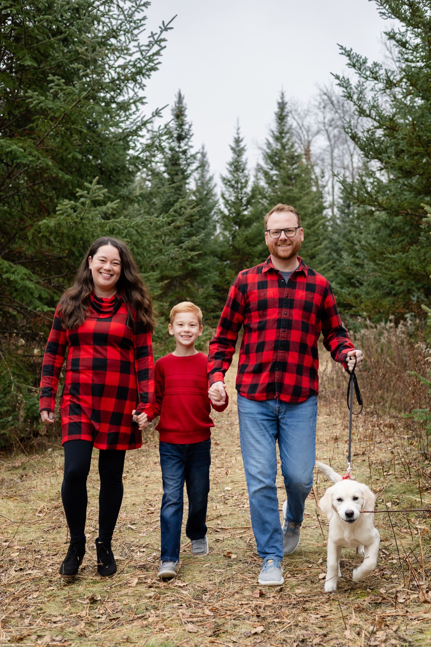 Family members and their white dog walk together through a clearing bordered by evergreen trees.