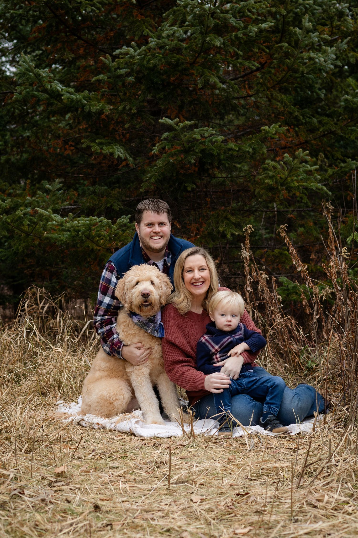 A family sits together in tall grass with their golden-colored dog during an outdoor photo session.