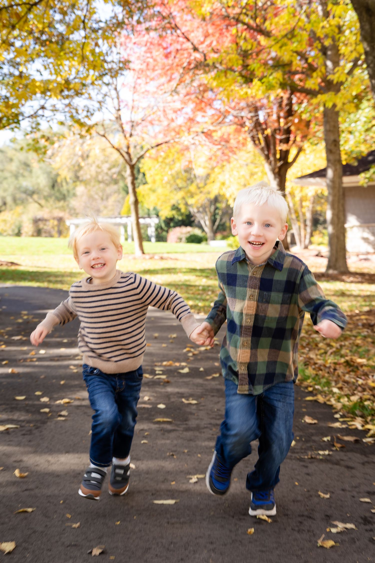 Children running and playing together on path covered with fallen autumn leaves.
