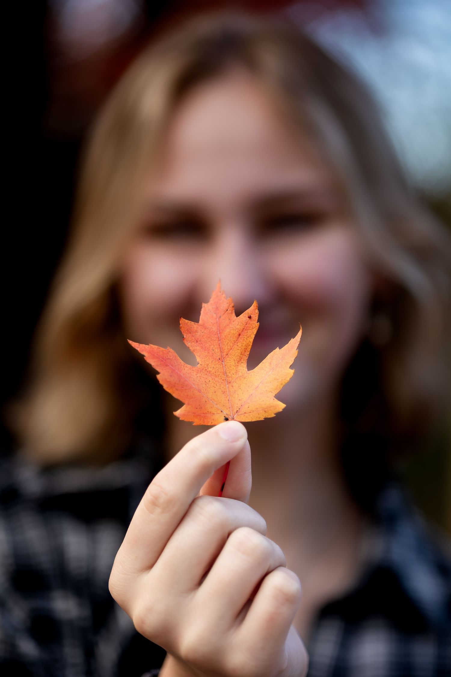 Hand holding a vibrant orange maple leaf against a blurred autumn background.