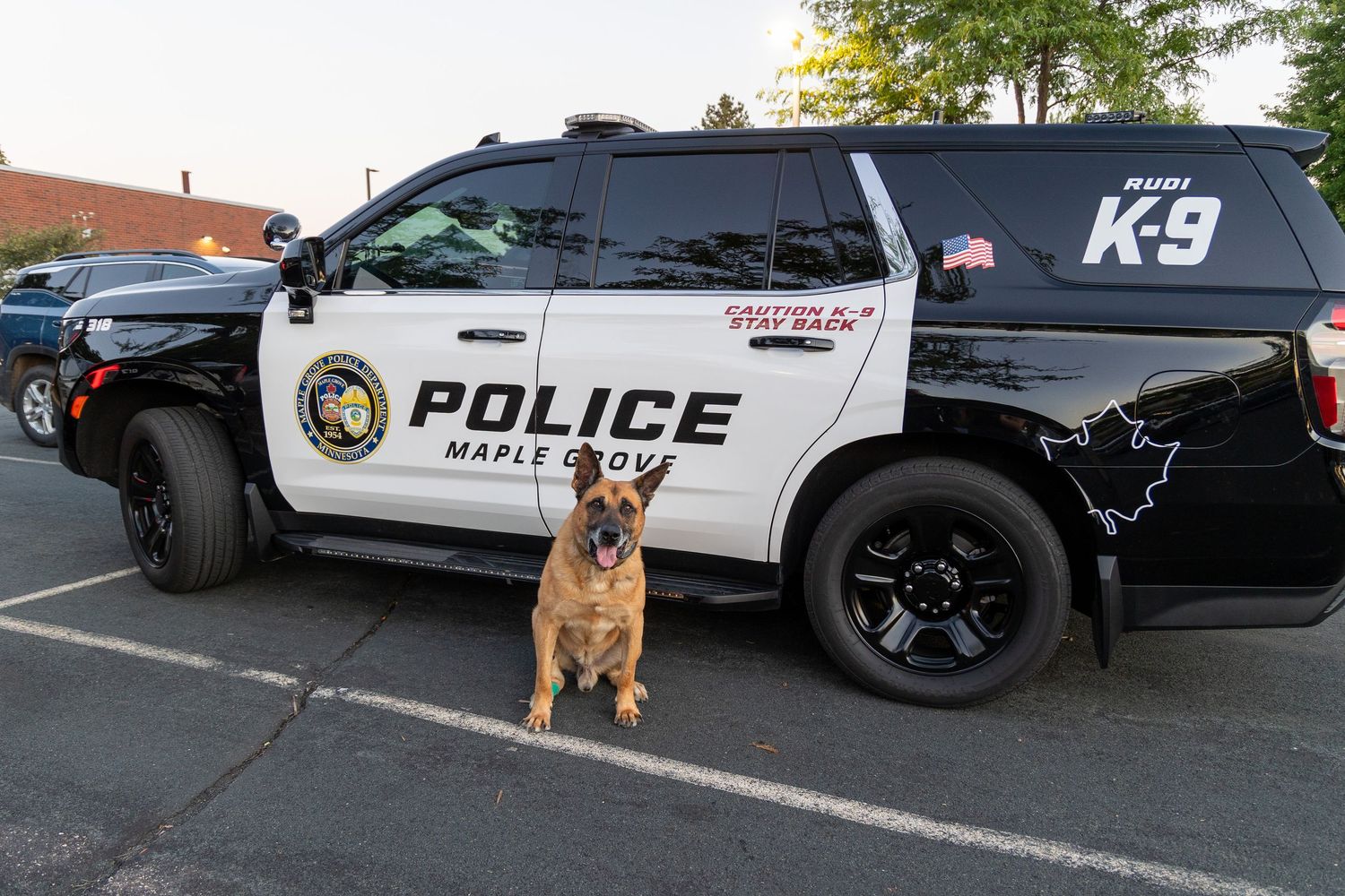Police K-9 unit vehicle with service dog standing beside it in parking lot.
