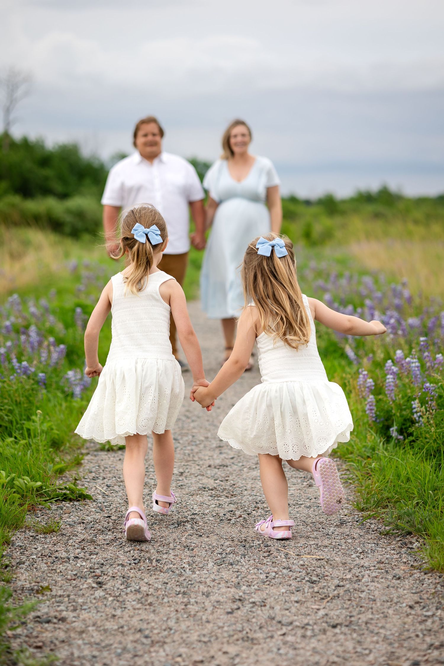 Two girls in white dresses with blue bows run hand-in-hand toward their parents on a lupine-lined path.