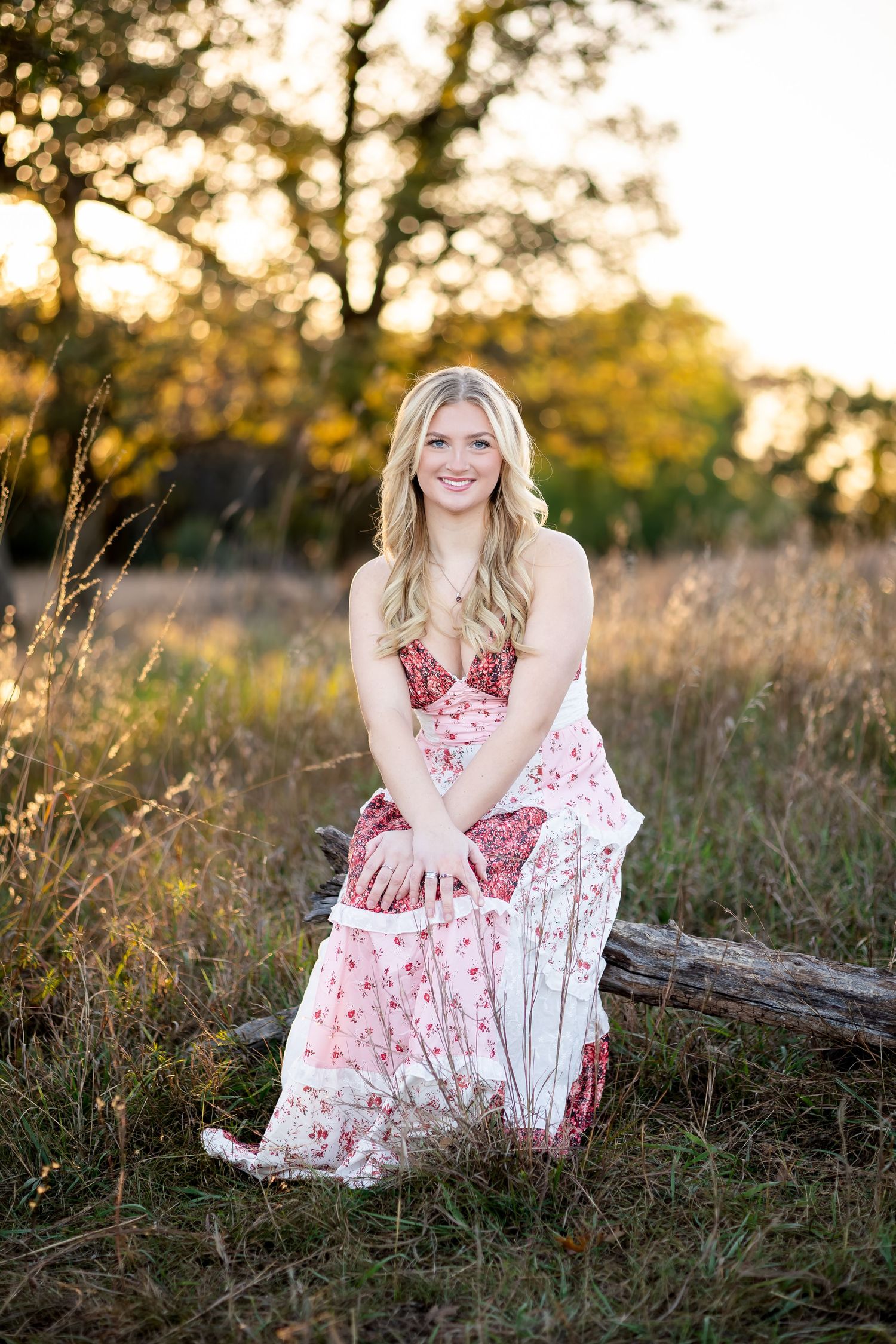 A dreamy outdoor portrait session featuring a feminine floral dress against tall grass at golden hour.