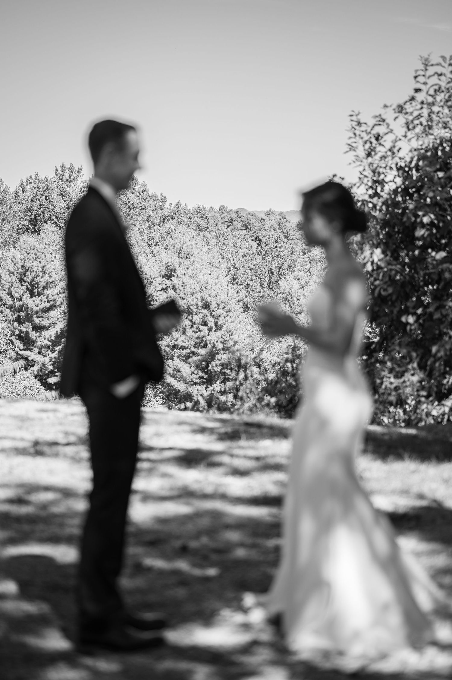 Artistic black and white photo of couple in wedding attire outdoors.