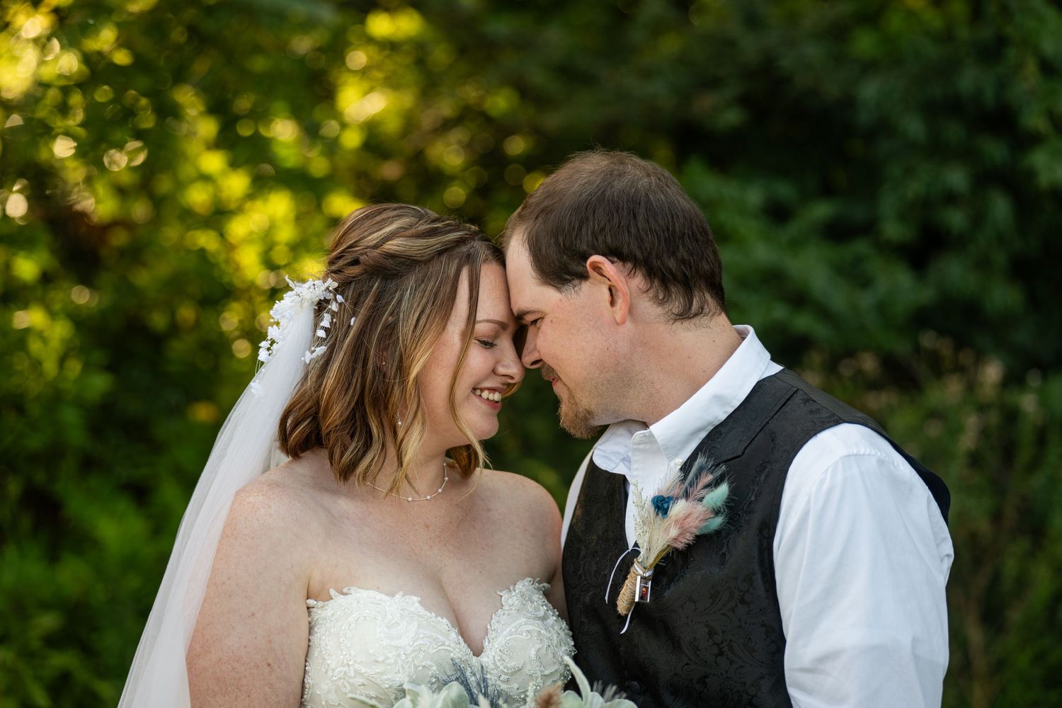 Romantic outdoor wedding photography sequence showing tender moments between newlyweds in a sunlit garden setting.
