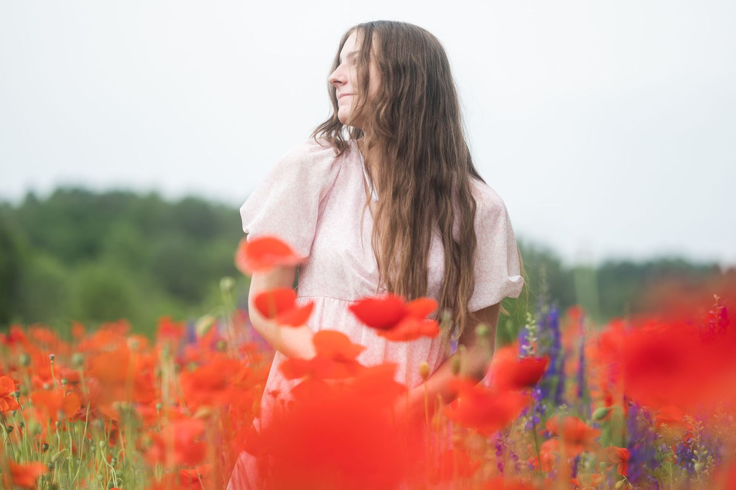 A dreamy portrait in a vibrant red poppy field with soft natural lighting.