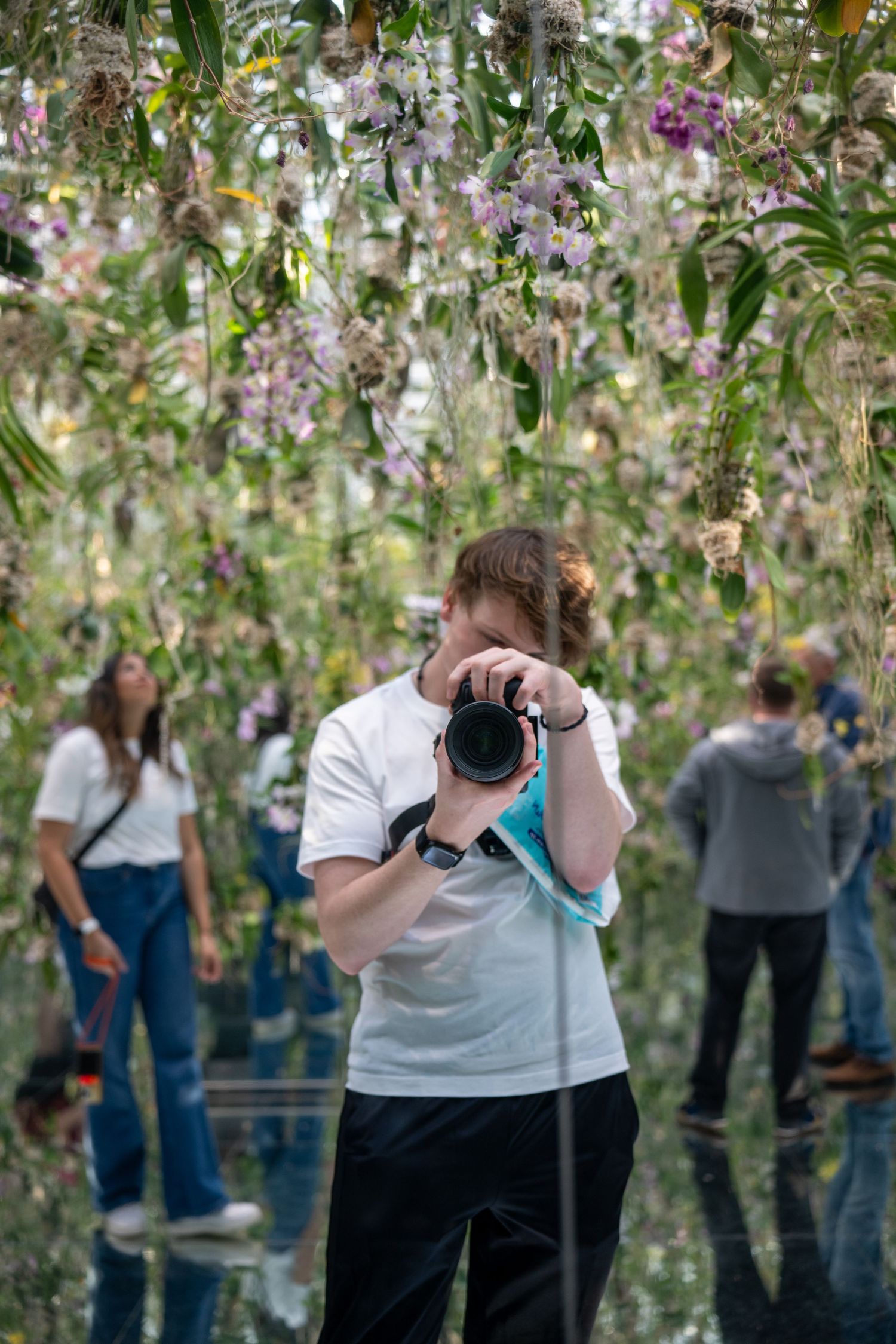 Photographer taking pictures in floral art installation with reflective floor and hanging purple flowers.