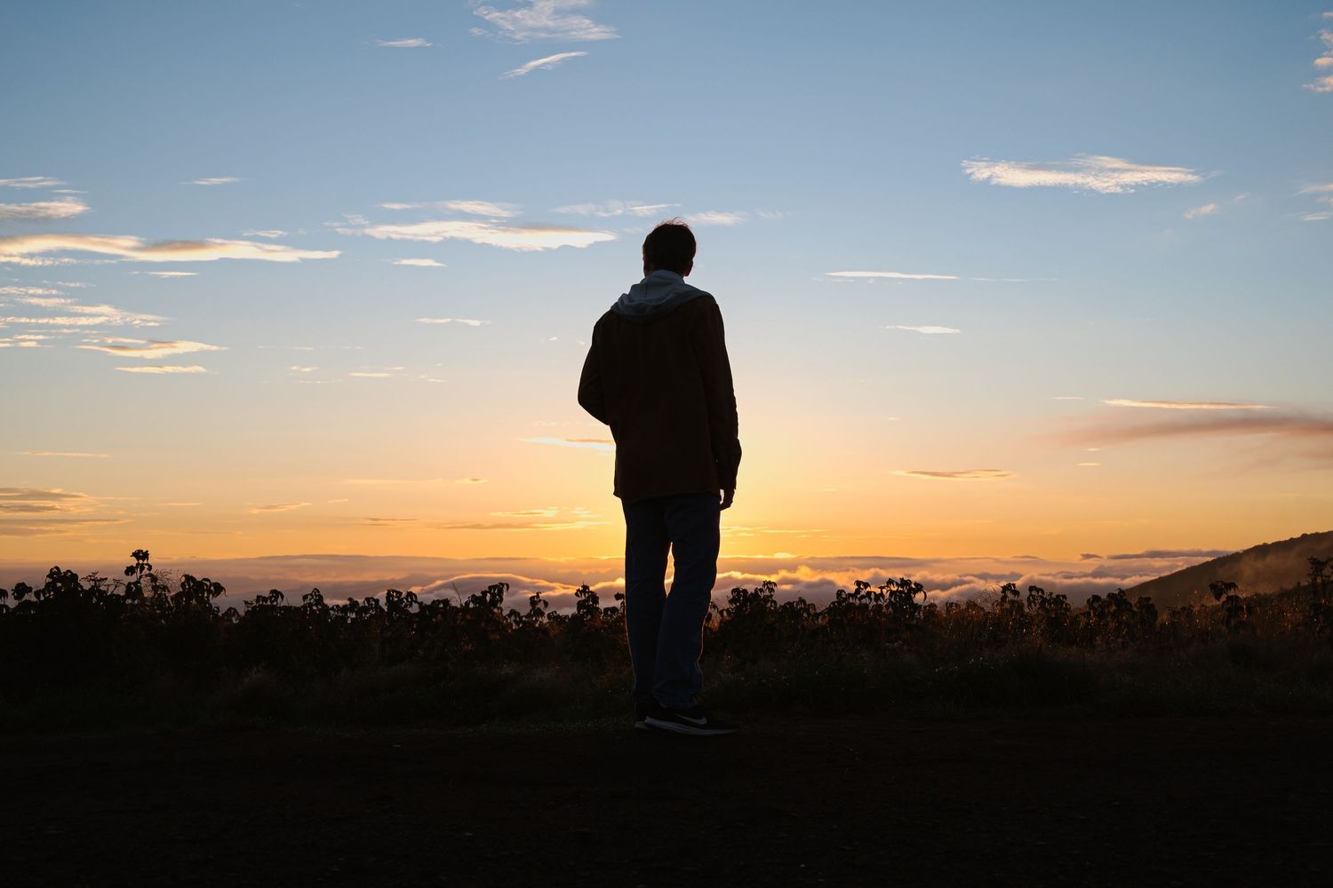 Silhouette of person standing on hill watching colorful sunset over landscape.