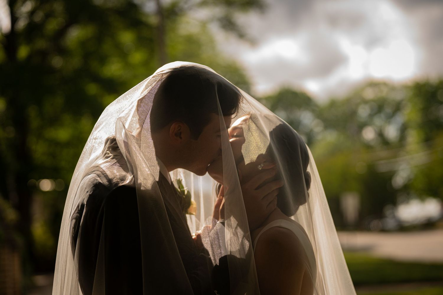 Bride and groom sharing a romantic kiss under a flowing white wedding veil outdoors with lush green trees behind them.