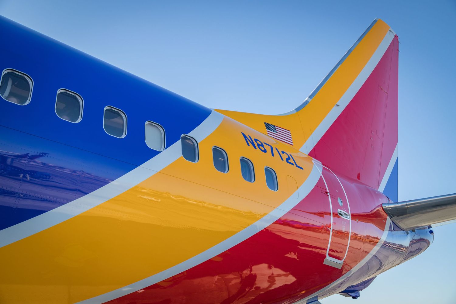 Southwest Airlines aircraft exterior details showing colorful livery design.