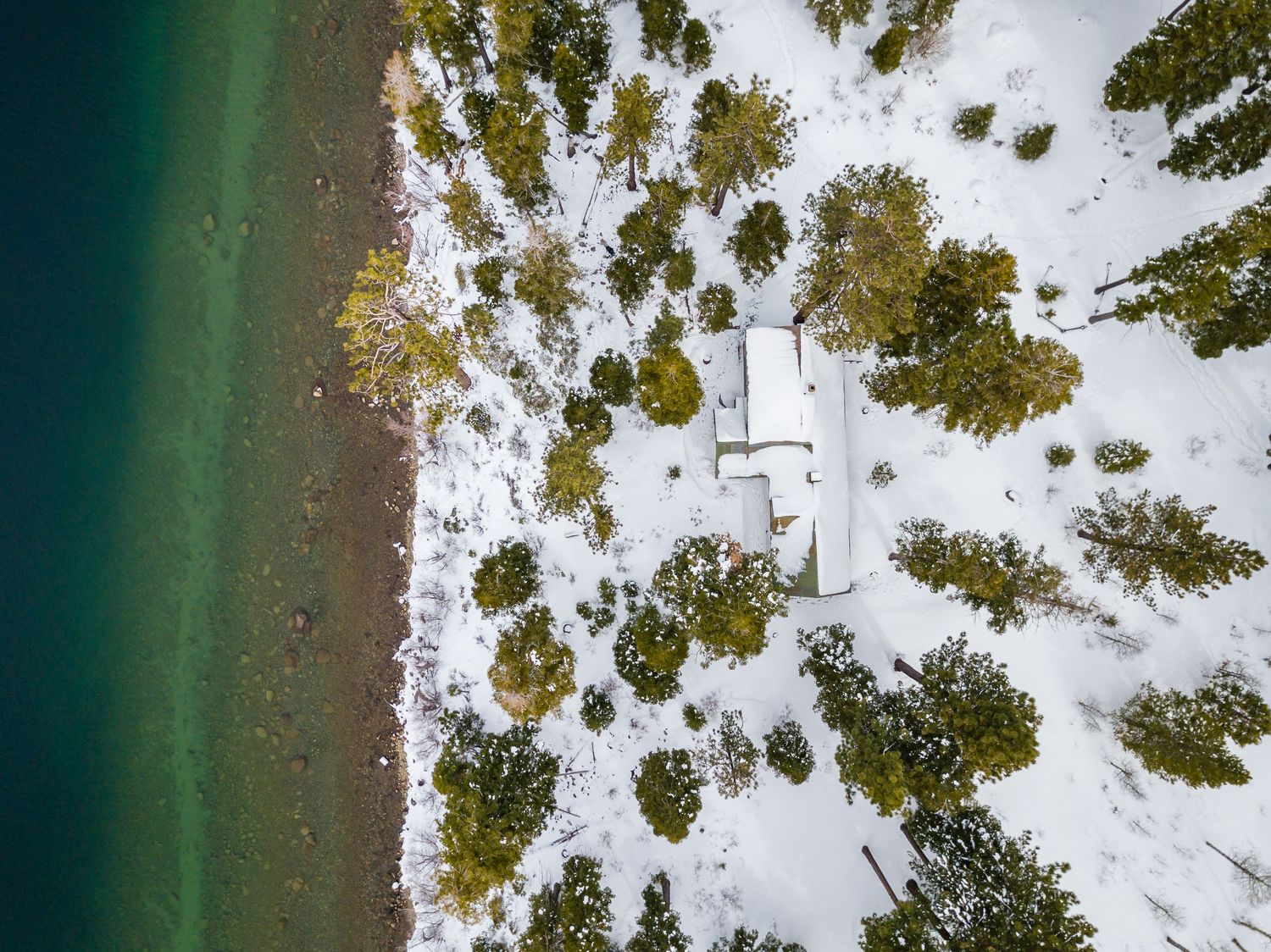 Aerial winter landscape view of snow covered forest trees and winding road captured from above.