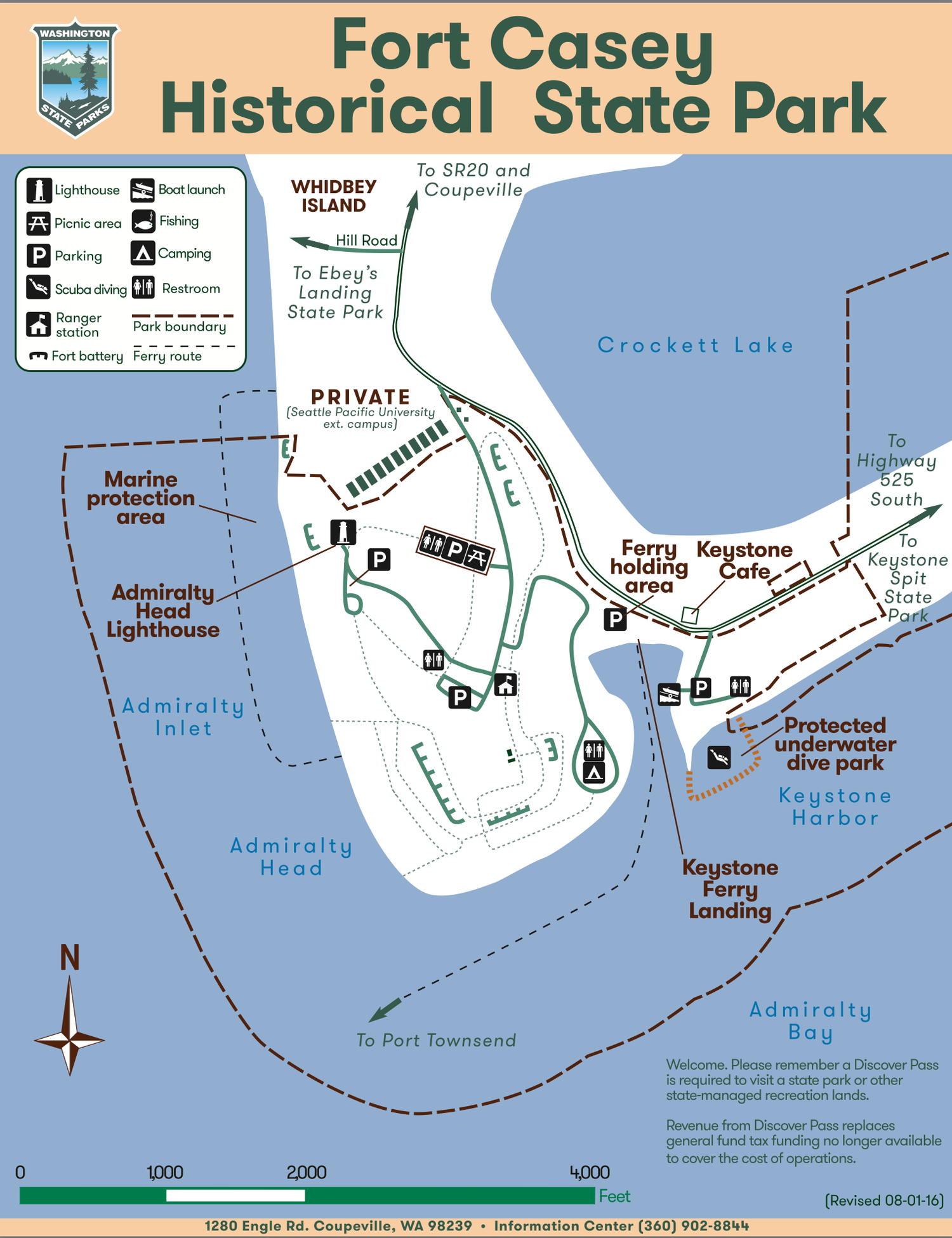 Topographical park map showing Fort Casey State Park's layout, trails and surrounding Admiralty Bay.
