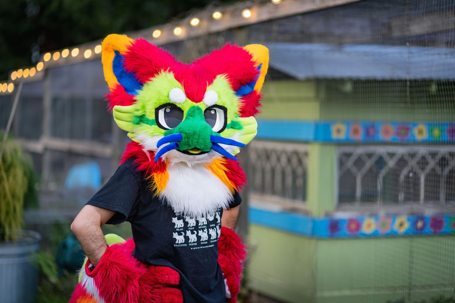 Vibrant red and multicolored fursuit character stands against outdoor backdrop with string lights.