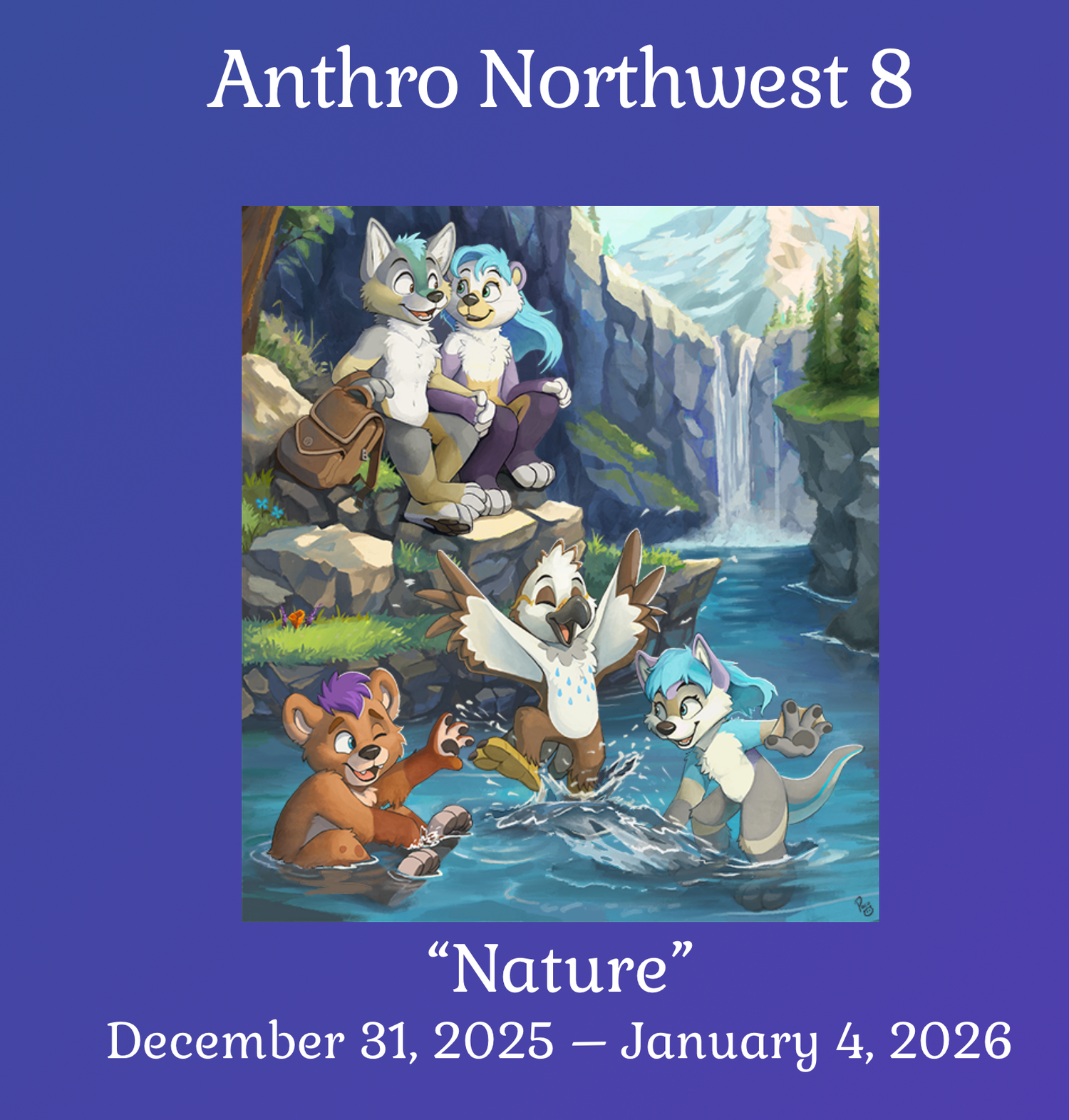Furry convention banner showing forest waterfall scenes with anthropomorphic animal characters in natural settings.