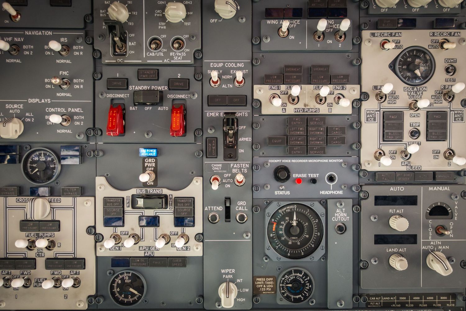 Overhead control panel in aircraft cockpit showing various switches and indicators.