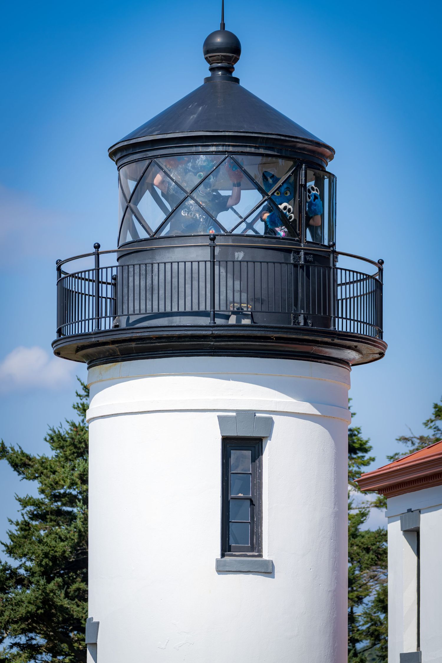 Historical lighthouse tower with black conical top and white cylindrical base against blue sky.