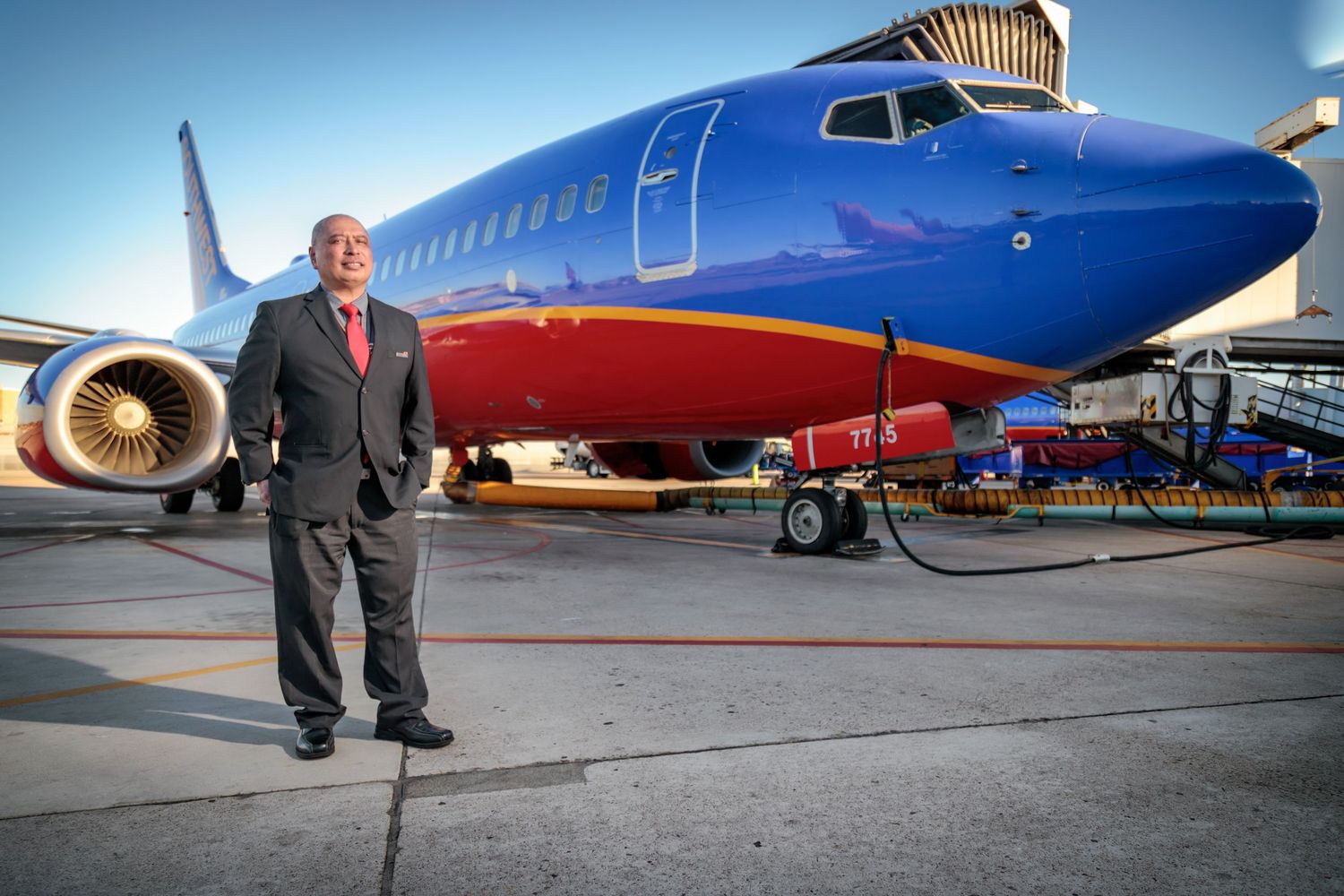 Southwest Airlines aircraft on tarmac shown from various angles with distinctive blue and red livery.