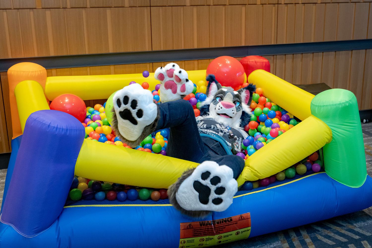 Inflatable play area with colorful bounce houses and ball pits set up indoors against a wooden wall.