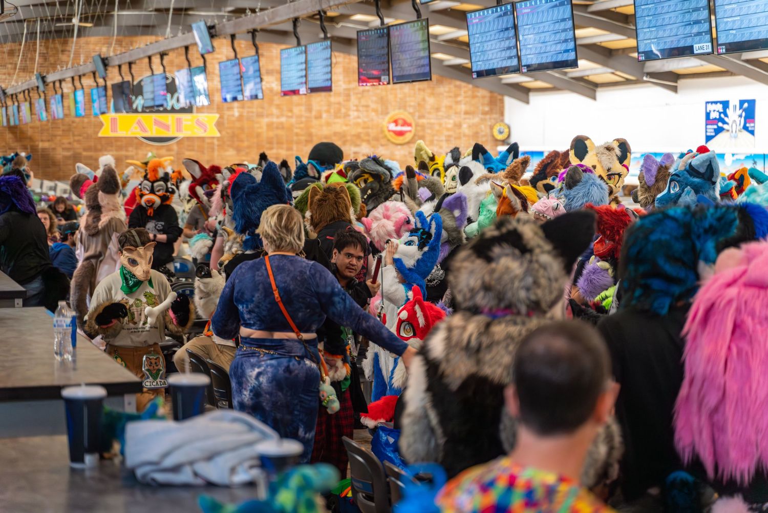 Large group wearing costumes and fursuits filling a bowling alley space.