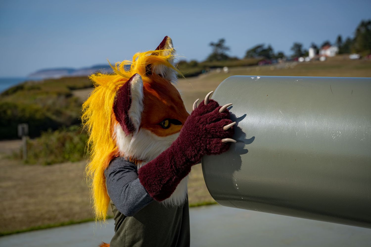 Close-up view of colorful fursuit characters against a scenic coastal backdrop.