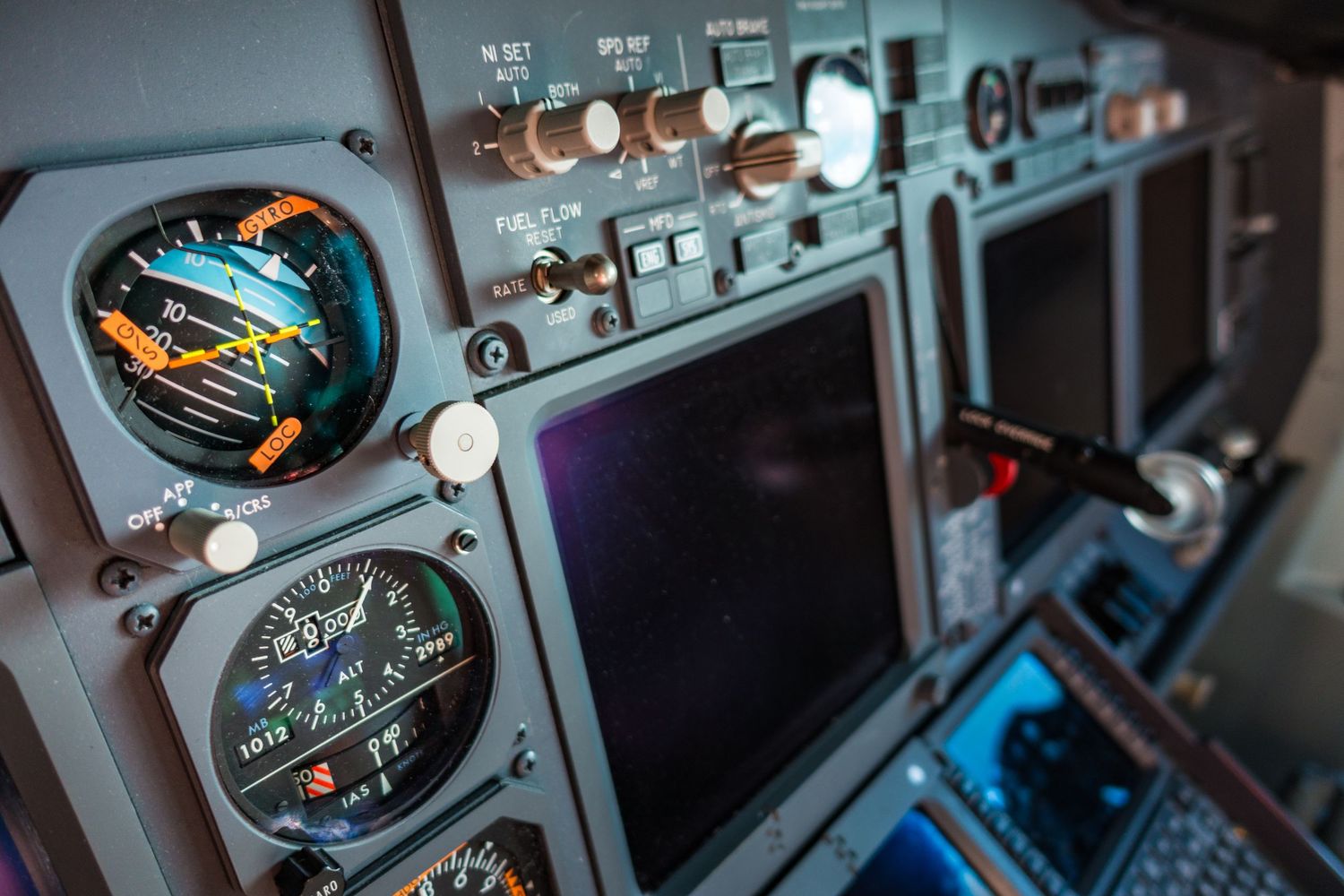 Aircraft cockpit instrument panels and displays in low light conditions.