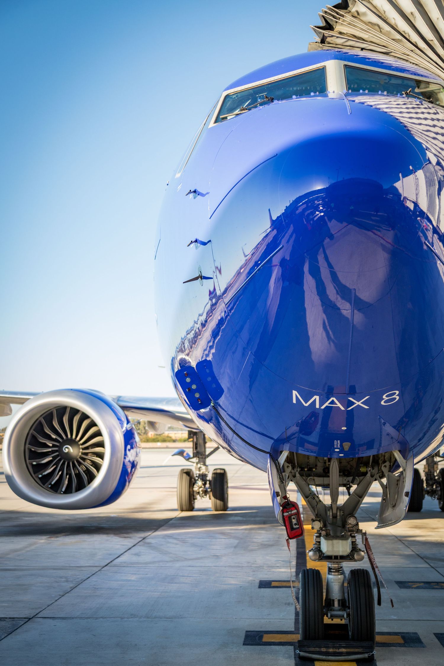 Blue-painted Boeing MAX 8 aircraft nose and engine viewed from different angles on the ground.