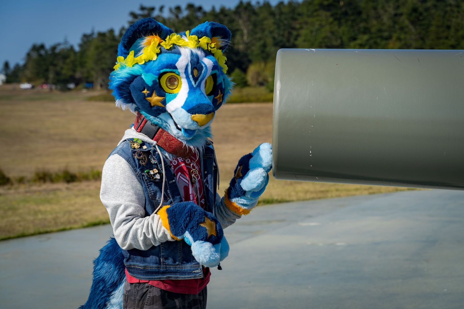 Costumed characters pose near military fortifications with blue sky and trees in background.