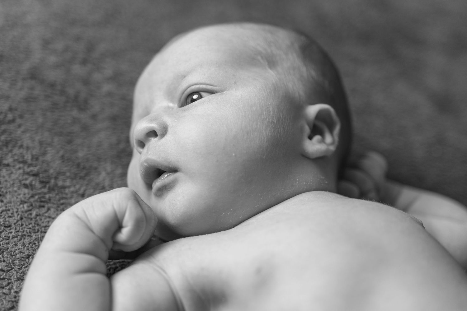 Close-up black and white portraits of an infant in various peaceful sleeping poses.